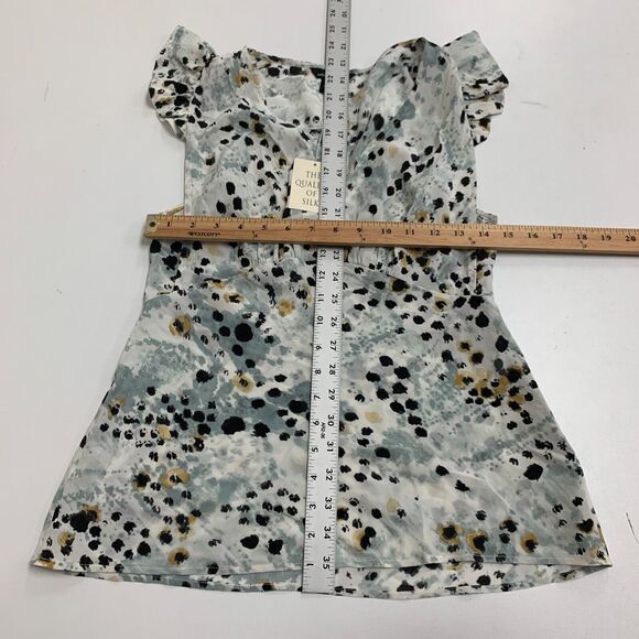 Moda International Silk Blouse Women S Grey Leopard Plunge V Neck Flutter Sleeve - Picture 8 of 14